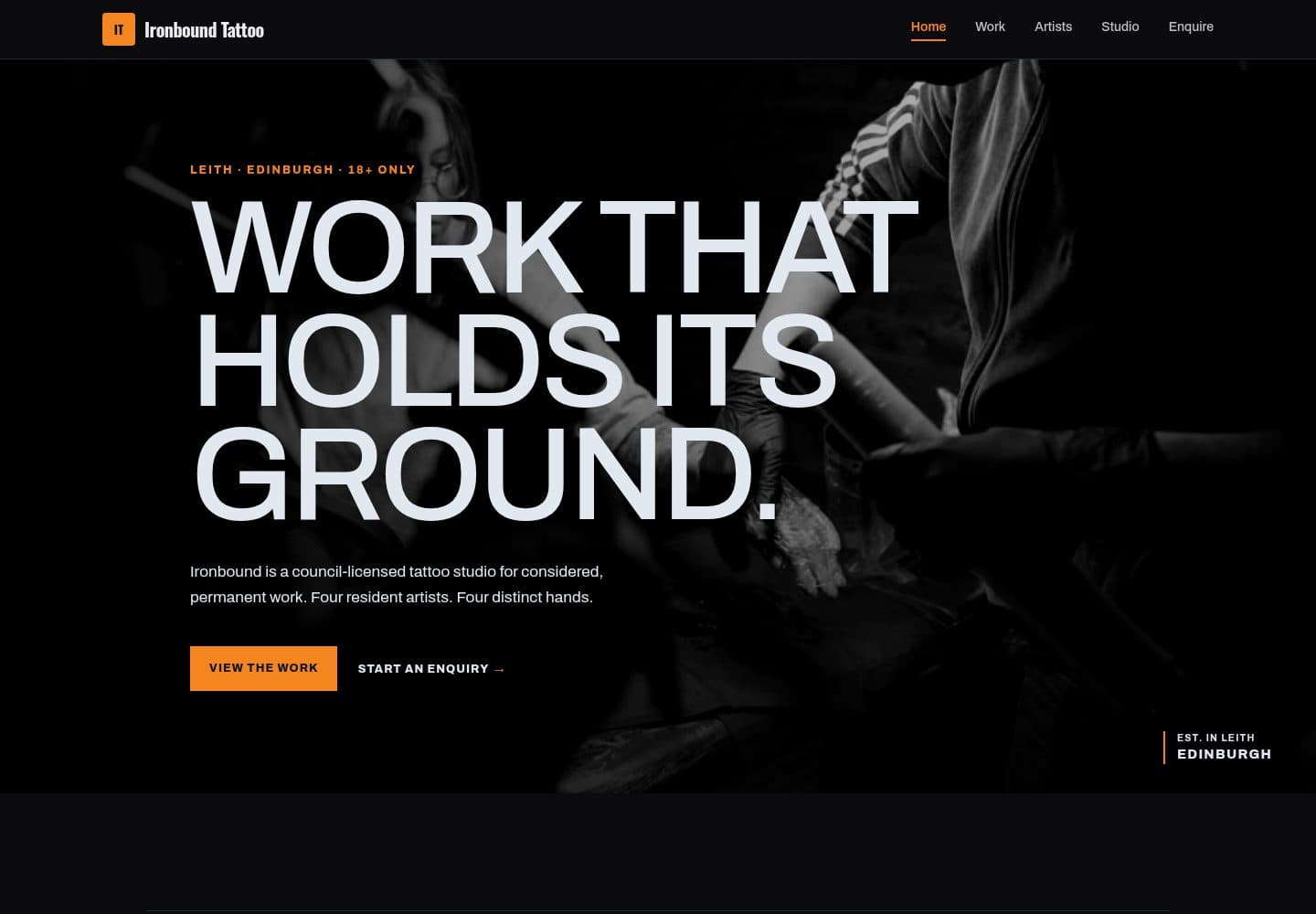 Ironbound Tattoo, a real website generated with BotPool Create (Charcoal & ember)